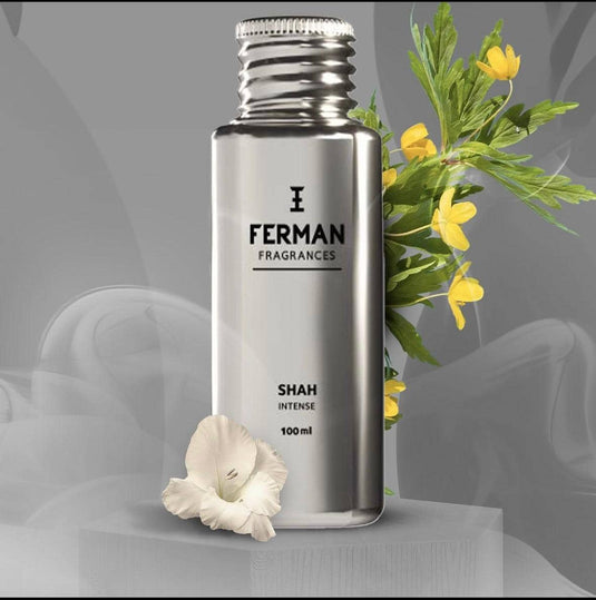 Worood Oud Shah Intense Fragrance in sleek silver bottle with floral accents and herbal elements
