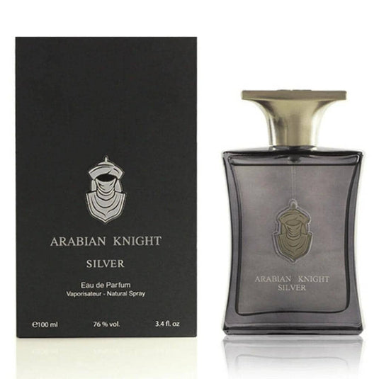 Arabian Knight Silver Eau de Parfum by Worood Oud Fragrances in a sleek bottle, capturing luxury and sophistication