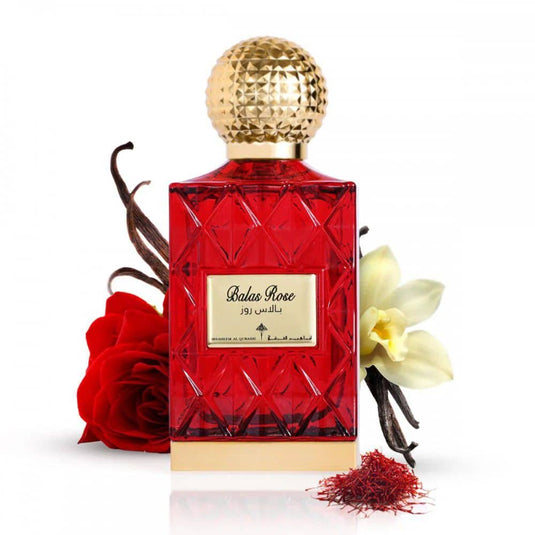 Worood Oud Balas Rose Floral Fragrance for Women in Elegant Red Bottle with Floral Accents