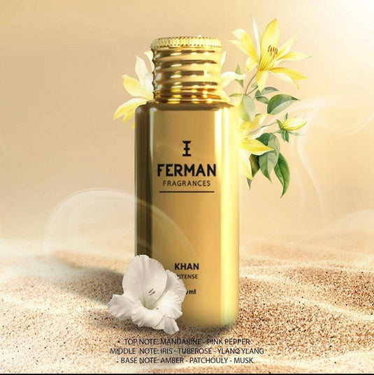 Khan Intense perfume from Worood Oud Fragrances in a gold bottle with floral accents