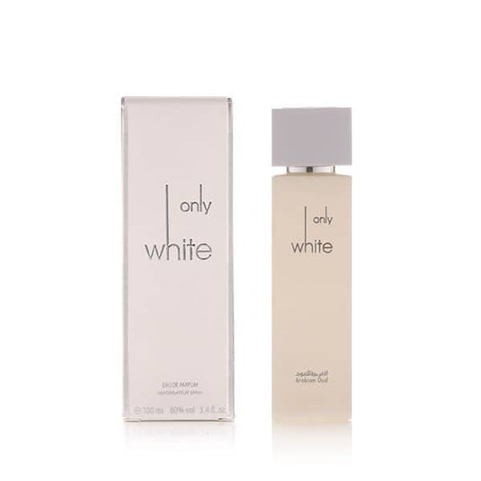Worood Oud Fragrances Only White Perfume in a sleek bottle beside elegant packaging inspired by white dress women's clothing