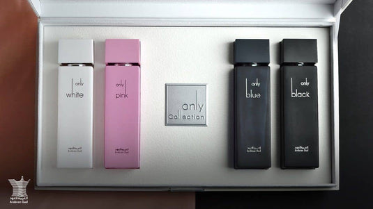 Worood Oud Fragrances collection of style featuring four elegant fragrance bottles in white, pink, blue, and black