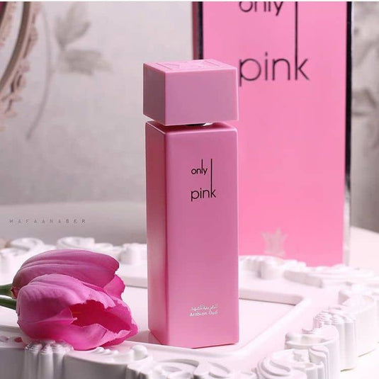 Worood Oud Fragrances Only Pink Perfume Bottle with Elegant Design on Floral Background