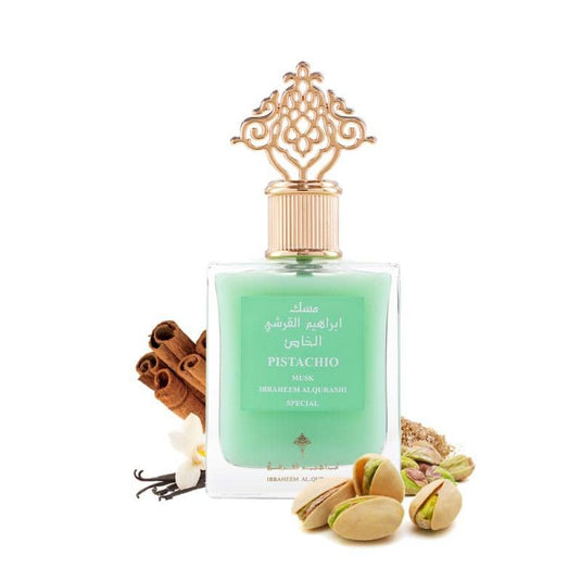 Worood Oud Fragrances Pistachio Floral Woody Musk Perfume in a decorative bottle with nuts and spices