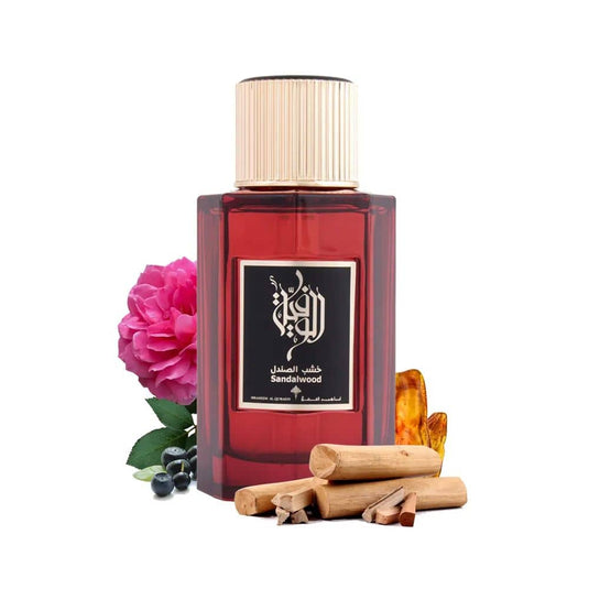 Worood Oud Fragrances Sandalwood fragrance in a stylish bottle with floral accents and sandalwood pieces