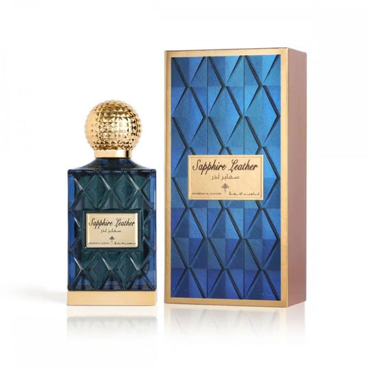 Worood Oud Sapphire Leather Fragrance in Blue Bottle Gift Box showcasing preferred chase sapphire design