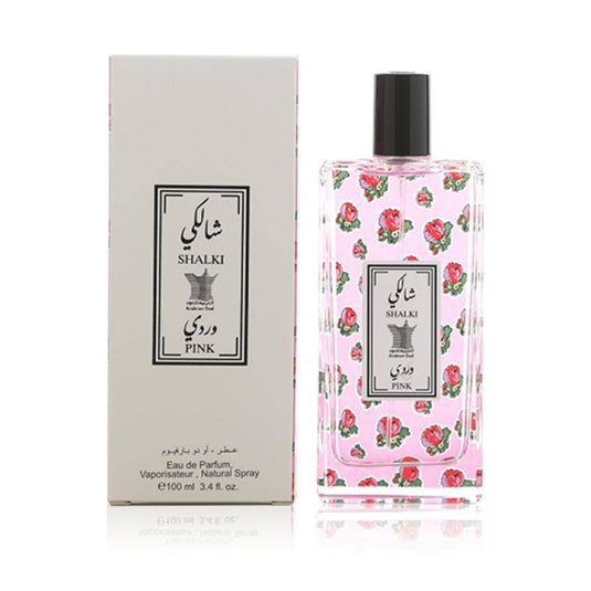 Worood Oud Shalki Pink Eau de Parfum with floral design and 3.4 fl oz bottle