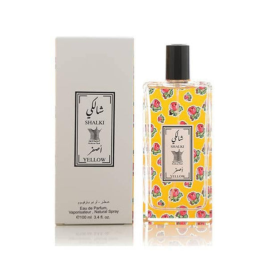 Worood Oud Shalki Yellow Fragrance Bottle with Floral Design and Packaging for a Unique Scent Experience